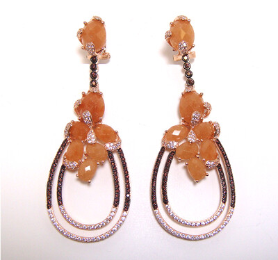 Swirl Earrings Peach Aventurine 925 Silver, Created White &amp; Chocolate Sapphire