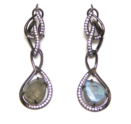Swirl Earrings Labradorite 925 Silver Black Gold Finish, Created White Sapphire