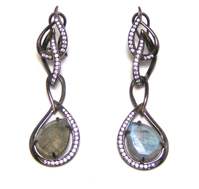 Swirl Earrings Labradorite 925 Silver Black Gold Finish, Created White Sapphire