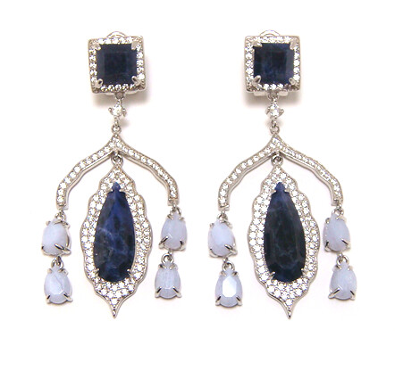 Chandelier Earrings | Natural Blue Sodalite &amp; Blue Lace Agate | 925 Sterling Silver | Created Sapphire Accents