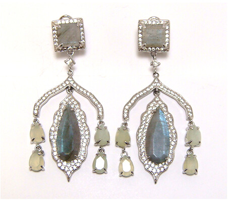 Canari Jewels Chandelier Earrings Labradorite &amp; New Jade 925 Silver, Created sapphire