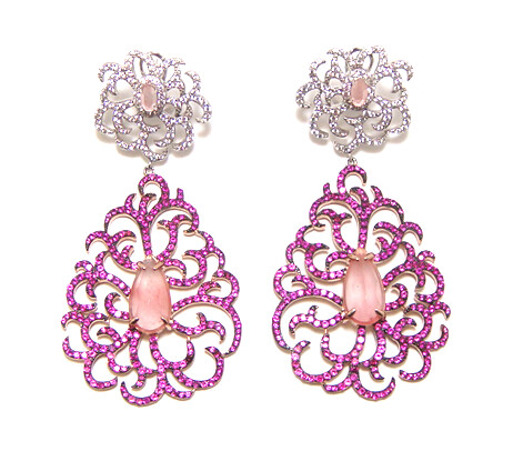 Sterling Silver Rose Gold Drop Earrings | Pink Agate | Created Ruby &amp; White Sapphire Accents