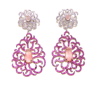 Sterling Silver Rose Gold Drop Earrings | Pink Agate | Created Ruby &amp; White Sapphire Accents