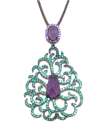 Sterling Silver Black Gold Necklace | Purple Amethyst Pendant | Green Garnet &amp; Lavender Accents
