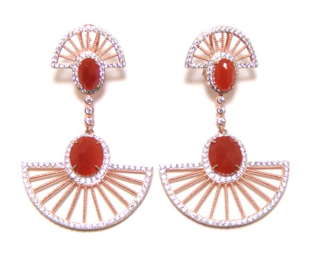 Sterling Silver Drop Earrings | Natural Red Agate | Created White Sapphire Accents | Omega Back