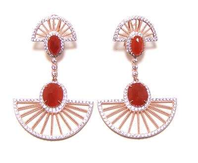 Sterling Silver Drop Earrings | Natural Red Agate | Created White Sapphire Accents | Omega Back