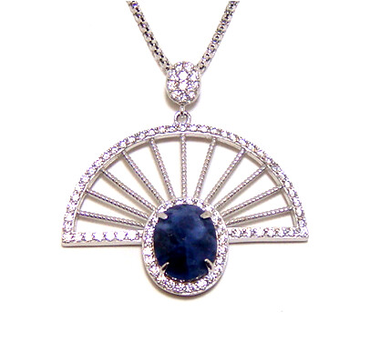 Sterling Silver Necklace | Natural Sodalite Pendant | Created White Sapphire Accents | Italian Chain