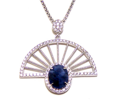 Sterling Silver Necklace | Natural Sodalite Pendant | Created White Sapphire Accents | Italian Chain