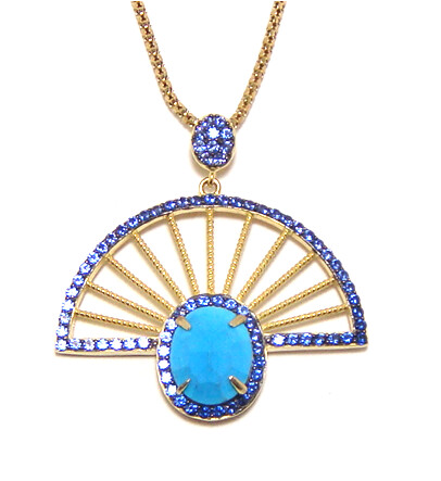Sterling Silver Necklace | Natural Turquoise Pendant | Created Blue Sapphire Accents