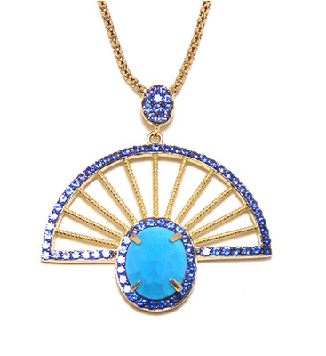 Sterling Silver Necklace | Natural Turquoise Pendant | Created Blue Sapphire Accents
