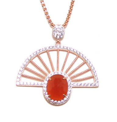 Sterling Silver Rose Gold Necklace | Natural Red Agate Pendant | Created White Sapphire Accents