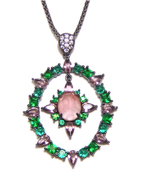 Sterling Silver Pink Agate Pendant Necklace | Created Green Garnet &amp; Amethyst Accents | Italian Chain