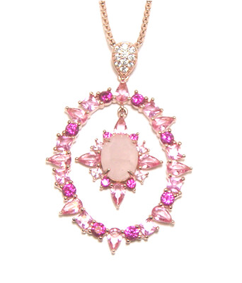 Sterling Silver Rose Quartz Pendant Necklace | Created Multi Pink Sapphire Accents | Italian Chain
