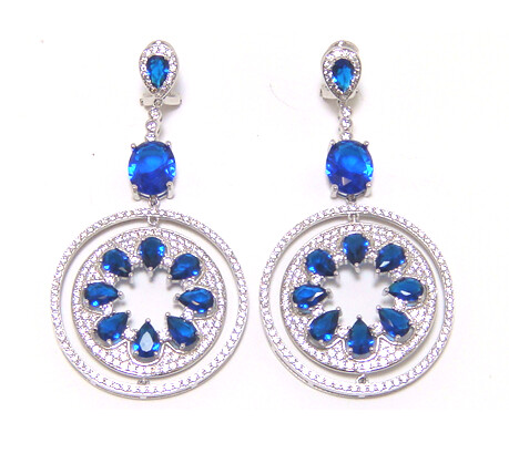 Blue Sapphire Color Circle Dangle Earrings, 925 Sterling Silver