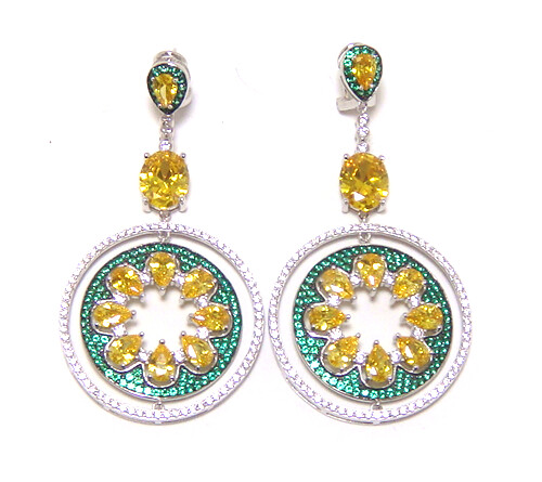 Yellow Diamond Color Circle Dangle Earrings, 925 Sterling Silver