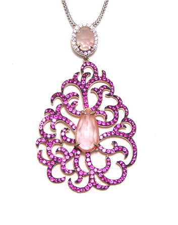 Sterling Silver Rose Gold Necklace | Rose Quartz Pendant | Created Ruby &amp; White Sapphire Accents
