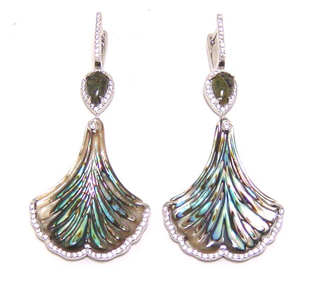 Abalone hand cut MOP &amp; Serpentine Earrings, 925 Sterling Silver