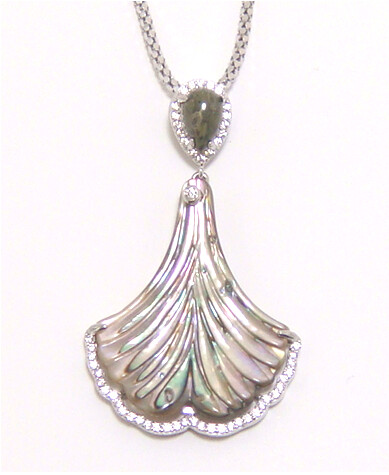 Abalone hand cut MOP &amp; Serpentine Necklace, 925 Sterling Silver