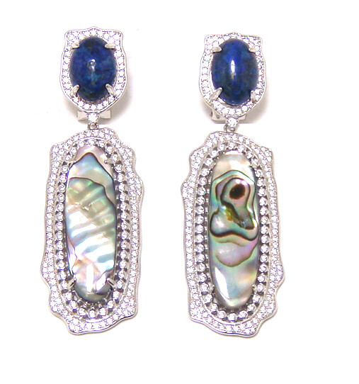 Abalone Shell Lapis Lazuli Dangle Earrings, 925 Sterling Silver