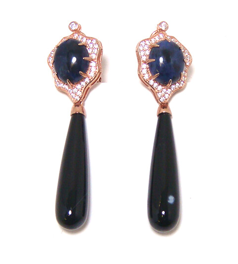 Sodalite Black Obsedian Long Dangle Earrings, 925 Sterling Silver