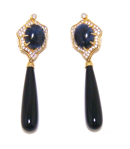 Sodalite Black Obsedian Long Dangle Earrings, 925 Sterling Silver Gold Embraced