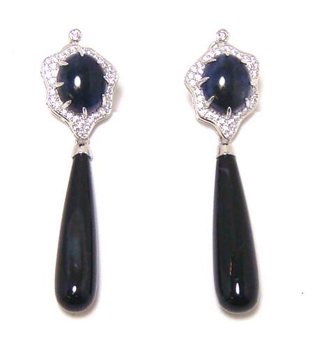 Sodalite Black Obsedian Long Dangle Earrings, 925 Sterling Silver, Platinum Embraced