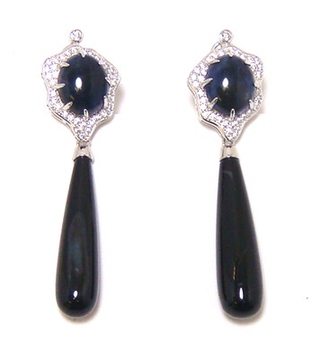 Sodalite Black Obsedian Long Dangle Earrings, 925 Sterling Silver, Platinum Embraced