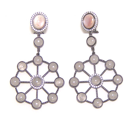 Rose Quartz &amp; Mother Of Pearl Circle Dangle Earrings, 925 Sterling Silver