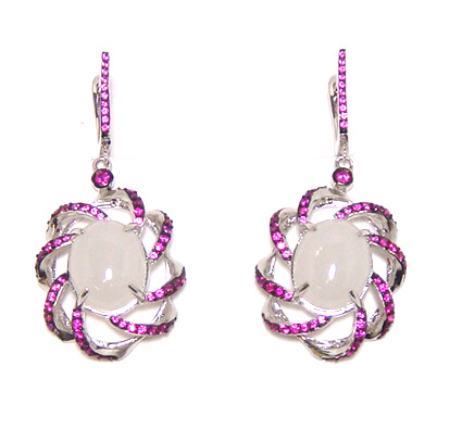 White Jade, Ruby Color dangle Earrings, 925 Sterling Silver