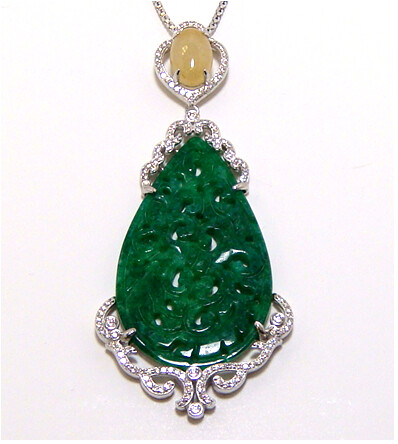 Elegant Green Jade Pendant with Aragonite &amp; Lab Created Sapphire – 3&quot; Long Statement Necklace Charm