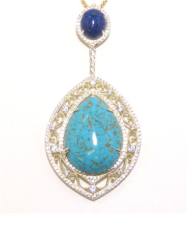 925 Gold Sterling Silver  Pendant Necklace w/ Turquoise, Lapis &amp; lab created sapphire and chain