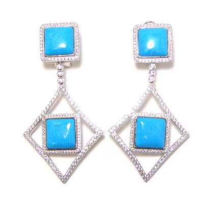 Turquoise Drop Earrings Platinum Over 925 Silver w/ Simulated Diamonds 2.5 Ct DEW Canari Jewels