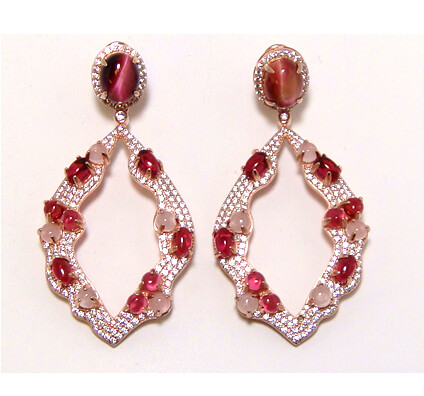 Red Tiger&#39;s Eye Earrings Rose Gold Over 925 Silver w/ Created Ruby, Sapphire &amp; Rose Quartz Canari Jewels