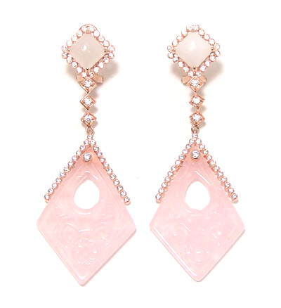 Pink Rose Quartz &amp; White Jade Dangle Earrings, 925 Sterling Silver, Rose Gold