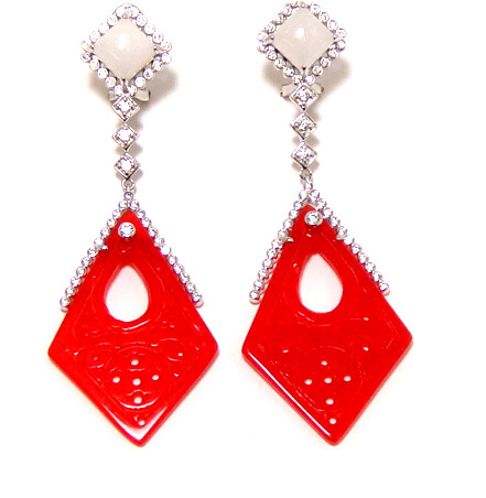 Red Jade &amp; White Jade Dangle Earrings, 925 Sterling Silver