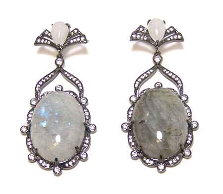 Gray Labradorite &amp; White Jade Oval Shape Dangle Earrings, 925 Sterling Silver, Black Gold