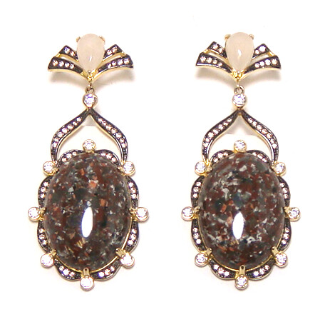 Fledspar &amp; White Jade Oval Shape Dangle Earrings, 925 Sterling Silver, Yellow Gold