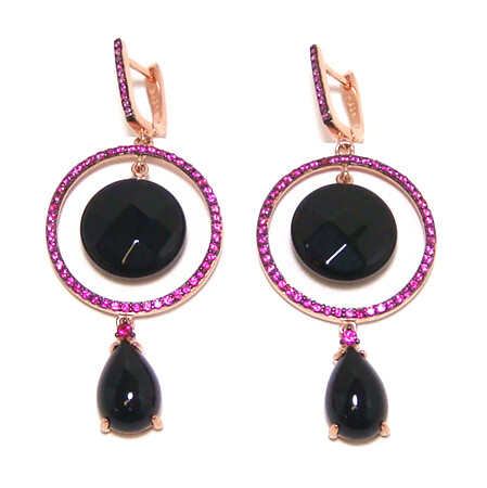 Black Obsidian Dangle Circle Earrings, 925 Sterling Silver, Rose Gold