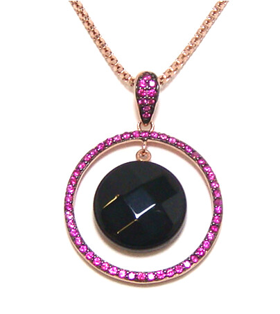 Black Obsidian Dangle Circle Necklace, Pendant, 925 Sterling Silver, Rose Gold