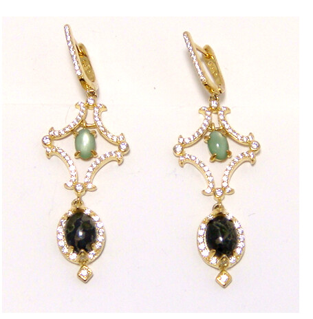 Serpentine &amp; Doublet Green MOP Dangle Earrings, 925 Sterling Silver, Yellow Gold