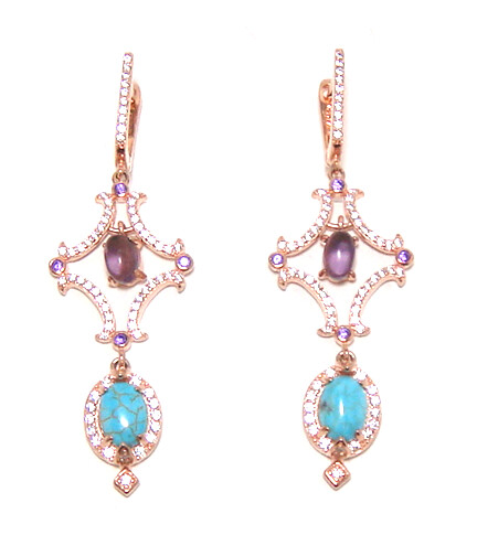 Turquoise &amp; Amethyst Dangle Earrings, 925 Sterling Silver, Rose Gold