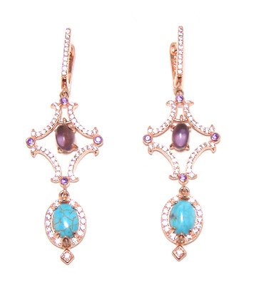 Turquoise &amp; Amethyst Dangle Earrings, 925 Sterling Silver, Rose Gold