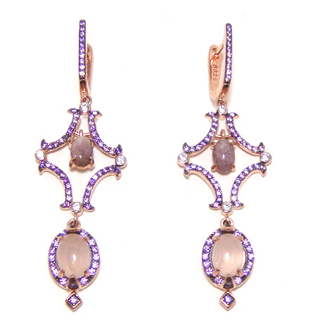 Rose Quartz &amp; Jasper Dangle Earrings, 925 Sterling Silver, Rose Gold
