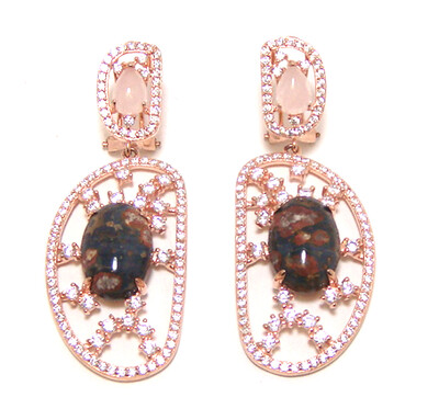 Muscovite &amp; Rose Quartz Dangle Earrings, 925 Sterling Silver, Rose Gold