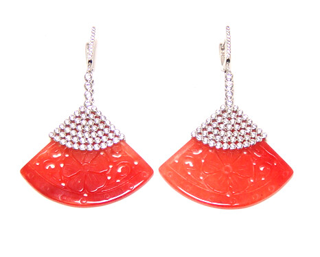 Red Carved Fan jade Earrings, 925 Sterling Silver