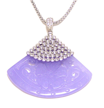 Purple Carved Fan jade Pendant, 925 Sterling Silver