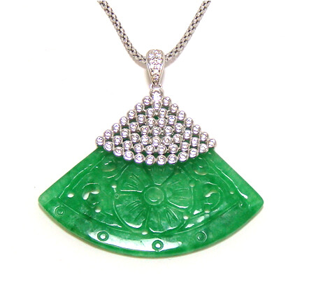 Green Carved Fan jade Pendant, 925 Sterling Silver