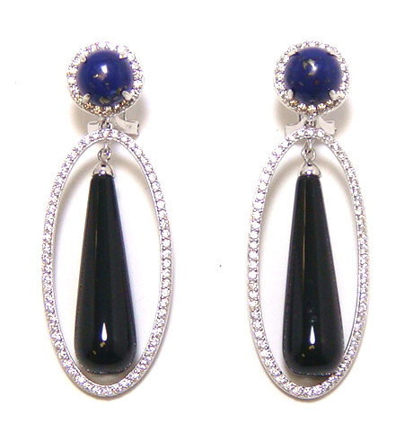 Onyx, Lapis Lazulie Classy Earrings, 925 Sterling Silver,Platinum Embraced