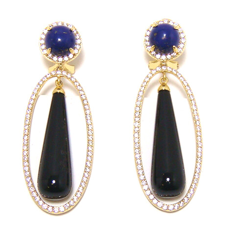 Onyx, Lapis Lazulie Classy Earrings, 925 Sterling Silver,Yellow Gold Embraced