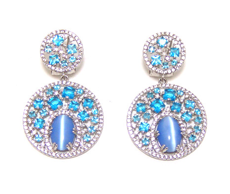 Cat&#39;s Eye Quartz Circle Shape Dangle Earrings, 925 Sterling Silver, Platinum Embraced